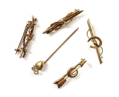 A 15ct bar brooch, weight 2.7g; together with three 9ct brooches and a tie pin, weight overall 8.6g (5)