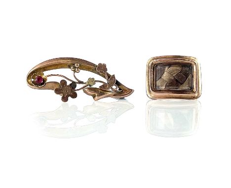 A 19th century gold mourning brooch with glazed hair panel, width 18mm; together with a 9ct brooch set with a red stone, weig