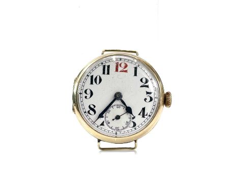 An early 20th century 9ct manual wind gentleman's trench wristwatch, the 28mm white enamel dial with black Arabic numberals a