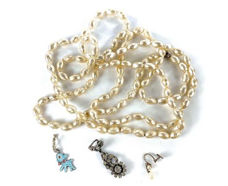 A 9ct pearl drop screw back earring, together with a sterling silver and enamel novelty charm, a silver paste drop earring an