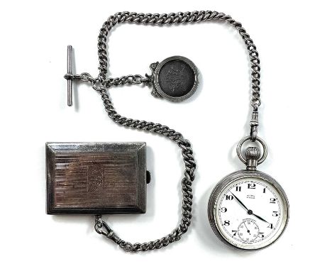 A silver crown wind pocket watch, the 40mm white enamel dial signed SHIELD 15 JEWEL, together with a hallmarked silver double