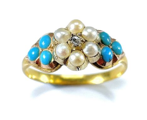 A 19th century high purity gold diamond, seed pearl and turquoise set ring with locket back, size M/N, weight 2g.One turquois