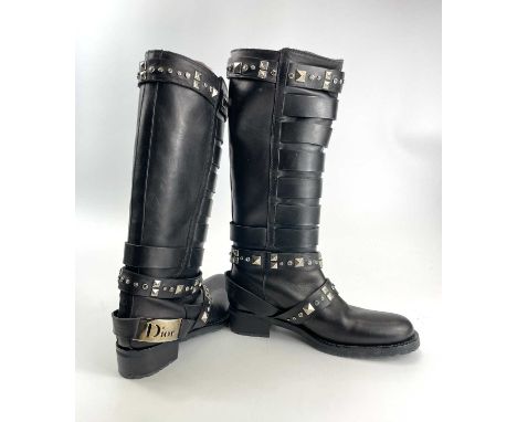 A pair of Dior black leather biker boots, size 37 1/2, with silver hardware and paste studs, FR 0404.These boots have had lig