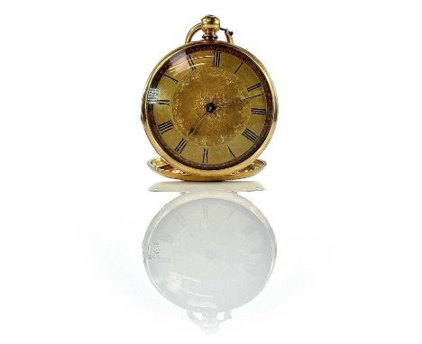A 19th century 18ct gold fob watch, the 32mm gilt engine turned dial with black Roman numerals, the case back with coloured e