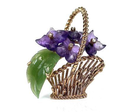 A 14ct rose gold amethyst, diamond and nephrite brooch, modelled as a basket of flowers, stamped 14k, 40mm x 32mm, weight 11.