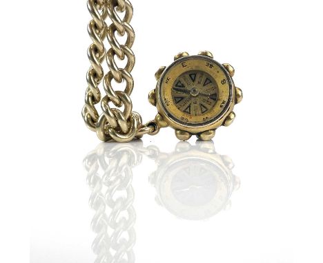 A heavy 9ct curb link bracelet with padlock clasp, attached is a Victorian 18ct fob compass/thermometer, weight 65.25g.The we