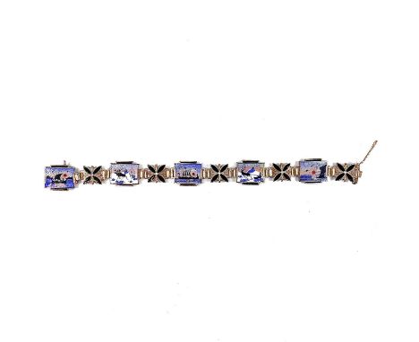 A David Anderson Norwegian Sterling silver and enamel panel bracelet, decorated with alternating winter scenes and stylised f