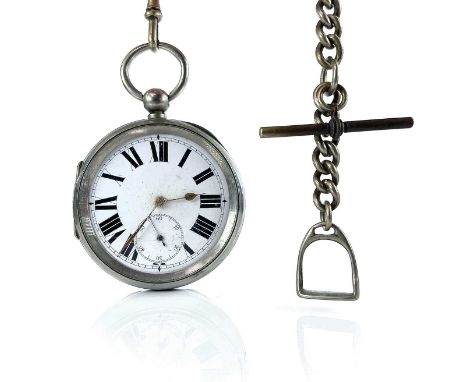 A nickel cased pocket watch with 42mm white enamel dial and with silver plated Albert watch chain.