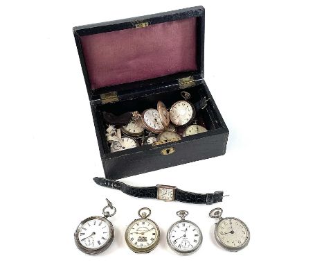 A collection of pocket watches and manual wind wristwatches for spares or repairs, within a jewellery box.