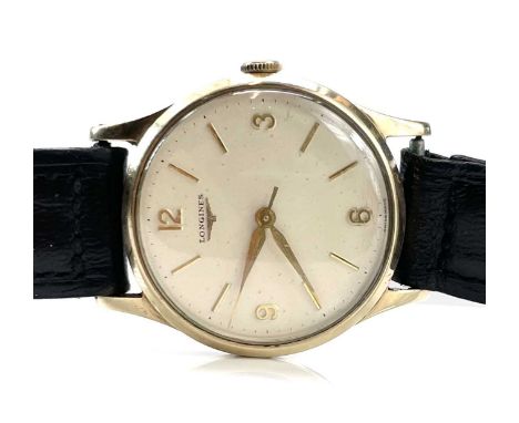 A 1960's Longines 9ct manual wind gentlemans wristwatch, ref. 12.68ZS, the signed 30mm cream dial with gilt baton markers and