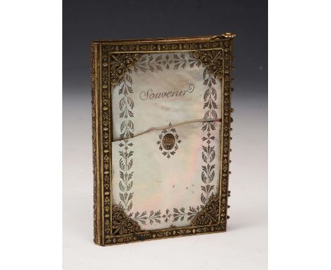A MID 19TH CENTURY FRENCH PALAIS ROYAL NOTE CASE, the chased gilt metal framework with mother of pearl inset covers, the fron