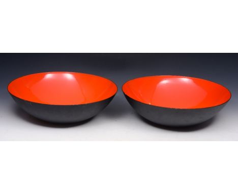 A PAIR OF RED ENAMEL CIRCULAR BOWLS by Krenit, Denmark, 38.5cm diameter