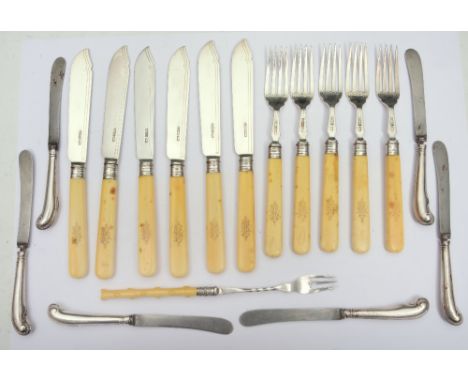 A SET OF SIX IVORY HANDLED SILVER FISH KNIVES and five forks, Sheffield 1893 by Harrison Brothers & Howson; six silver pistol