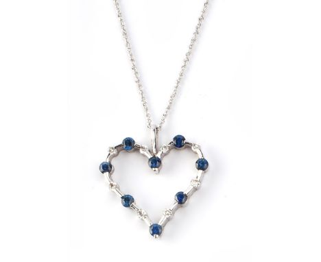 A SAPPHIRE AND DIAMOND SET HEART PENDANT, of openwork design, framed with alternate circular mixed-cut sapphires and brillian