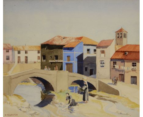 A PAIR OF COLOURED PRINTS of dancers after Sir William Russell Flint, 28 x 17.5cm and a watercolour of a Spanish Village by R