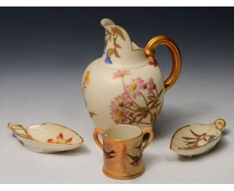 A ROYAL WORCESTER IVORY GROUND JUG painted and gilt decorated with flowers, No. 1094, 13.5cm high; a similar miniature three 