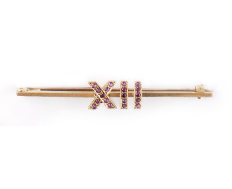 A COLLECTION OF SIX BAR BROOCHES, comprising a cultured pearl set brooch by Mikimoto, a ruby set Roman numerals brooch, a gar