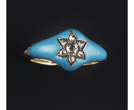 A VICTORIAN DIAMOND AND ENAMEL RING, centred with a star-shaped cluster of old and rose-cut diamonds, to a turquoise blue ena