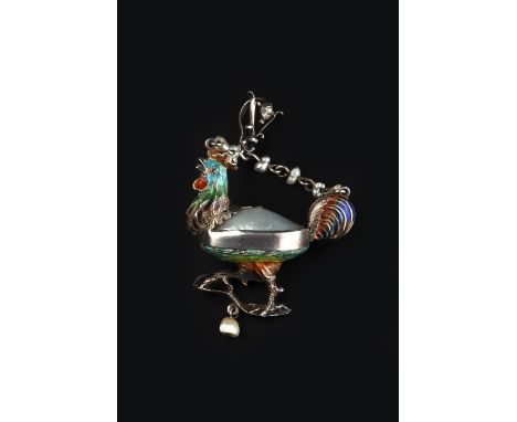 AN ENAMEL AND PEARL PENDANT, in the Austro-Hungarian style, modelled as a cockerel in polychrome enamel, with baroque pearl s
