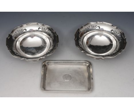 A SILVER TRAY with engine turned decoration for Asprey & Co, London 1920, 11.5cm long; and a pair of Asprey & Co silver dishe