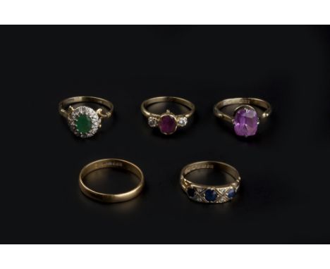 A COLLECTION OF RINGS, comprising an emerald and diamond cluster ring, stamped '18ct', a sapphire and diamond half hoop ring,