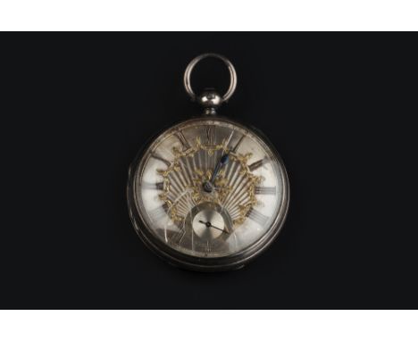 A VICTORIAN SILVER OPEN FACE POCKET WATCH, the silvered dial with Roman numerals, gilt foliate decoration and subsidiary seco
