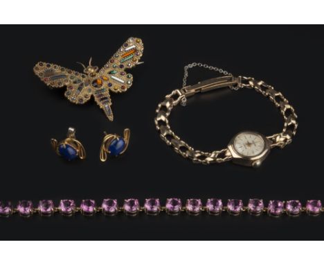 A SMALL COLLECTION OF JEWELLERY, comprising a lady's 9ct gold bracelet watch, by Accurist, a 9ct gold and pink stone line bra