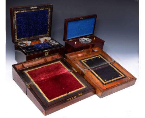 A 19TH CENTURY MAHOGANY TEA CADDY with fitted interior, 29cm wide and three Victorian writing boxes (4)