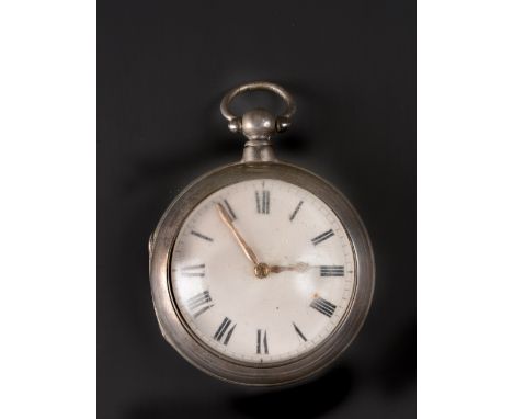 A VICTORIAN SILVER PAIR CASE POCKET WATCH, the white enamel dial with Roman numerals and outer minute scale, to verge movemen