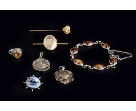 A COLLECTION OF JEWELLERY AND COINS, to include a pair of Victorian silver ear pendants, four silver shield fobs, each with p