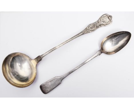 A WILLIAM IV SILVER FIDDLE PATTERN BASTING SPOON, 30.5cm long by William Woodman of Exeter 1836, 4.2 troy oz; and a Kings pat