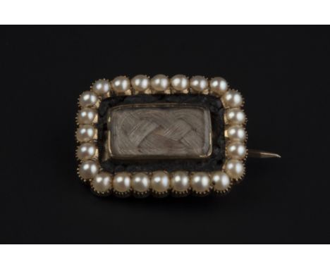 TWO BROOCHES, comprising an oval cabochon moonstone and half pearl cluster brooch, and a plaited hairwork and half pearl memo