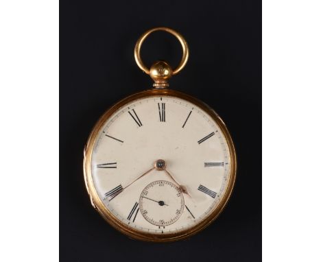 A VICTORIAN 18CT GOLD OPEN FACE POCKET WATCH, the white enamel dial with Roman numerals and subsidiary seconds dial, to key w