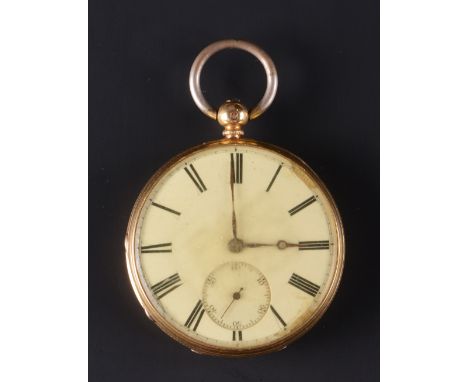 AN 18CT GOLD OPEN FACE POCKET WATCH, the white enamel dial with Roman numerals and subsidiary seconds dial, to an engine-turn