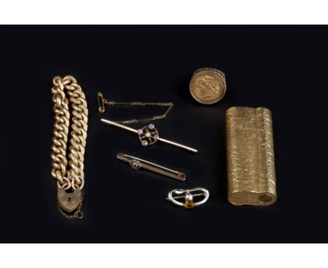 A COLLECTION OF JEWELLERY, comprising a half sovereign ring, a Victorian gilt metal bracelet, with padlock clasp, a collectio