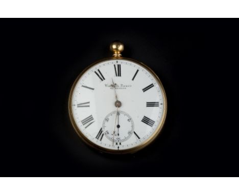 A VICTORIAN 18CT GOLD OPEN FACE POCKET WATCH, the white enamel dial with Roman numerals and subsidiary seconds dial, signed '