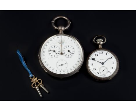 TWO OPEN FACE POCKET WATCHES, the first with subsidiary dials 'Heure de Berne' and 'Heure de Paris', with outer calendar scal