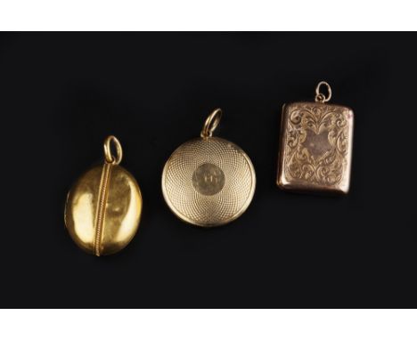 THREE LOCKET PENDANTS, comprising an oval locket, with ropetwist wirework decoration, a circular locket, with engine-turned d