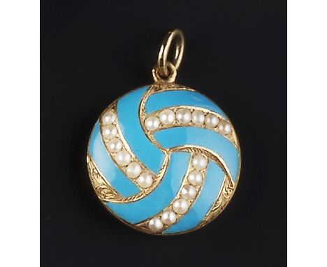 AN ENAMEL AND HALF PEARL PENDANT, the circular panel decorated with bands of turquoise blue enamel, spaced by rows of half pe