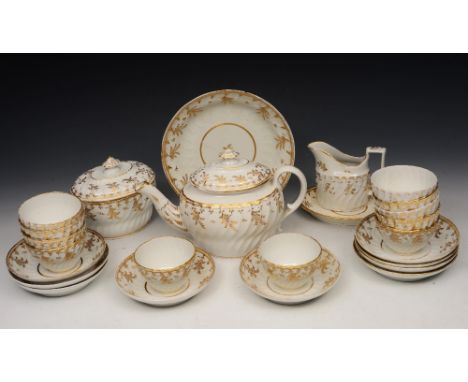 A LATE 18TH CENTURY ENGLISH PORCELAIN PART TEA SERVICE, of spirally lobed design with gilt decoration, comprising teapot, cov