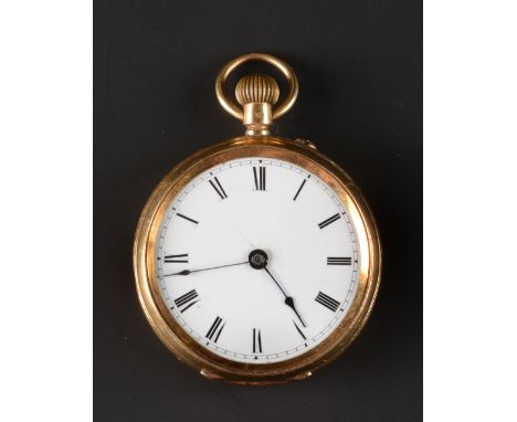 AN 18CT GOLD OPEN FACE FOB WATCH, the white enamel dial with Roman numerals and outer minute scale, to key less wind movement