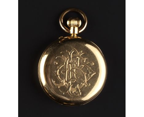 AN 18CT GOLD OPEN FACE POCKET WATCH, the circular white enamel dial with Roman numerals and subsidiary seconds dial, to keyle