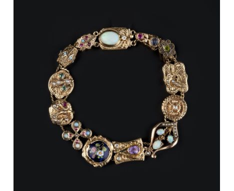 A DIAMOND AND VARI GEM-SET BRACELET, adapted from a collection of slider panels of varying design, highlighted by enamel and 