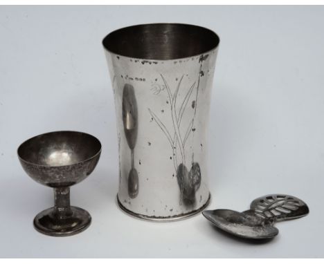 A HAND RISEN SILVER BEAKER of plain tapering for engraved with snow drops, 10.5cm high, London 1982 by E.N. Cunliffe; and a h