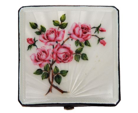 A SILVER AND ENAMEL COMPACT decorated with roses, 7cm square, Birmingham 1963 by Mappin & Webb