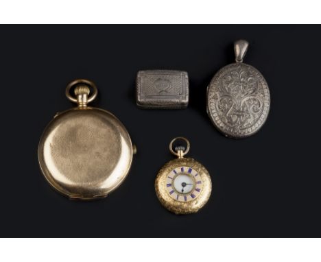 A COLLECTION OF WATCHES AND JEWELLERY, comprising a half hunter fob watch, the profusely engraved case with pink and blue ena