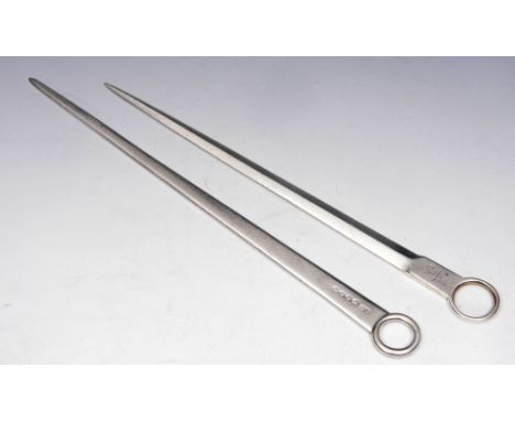 A GEORGE III SILVER MEAT SKEWER with a plain ring handle, 27cm long, London 1808 by William Bennett; and a similar silver ske