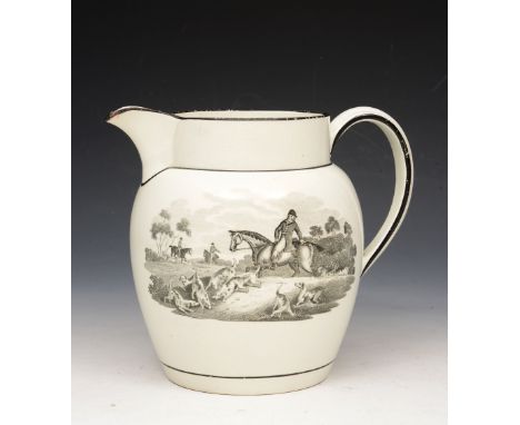 A WEDGWOOD WHITE POTTERY JUG decorated a hunting scene in monochrome, 17cm high