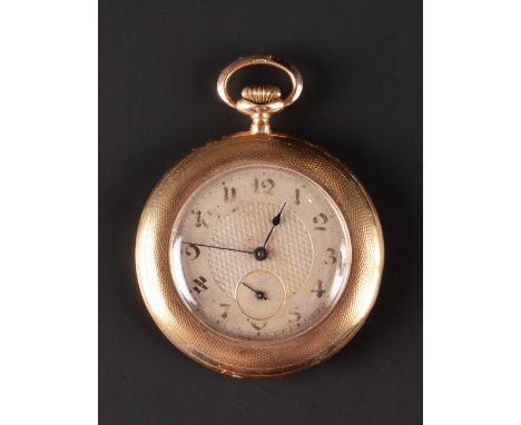 A 9CT GOLD OPEN FACE POCKET WATCH, the silvered dial with Arabic numerals and subsidiary seconds dial, to keyless wind moveme