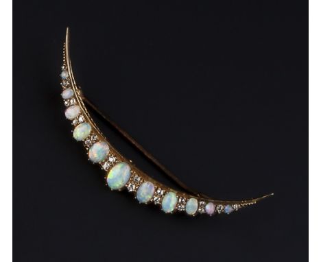 AN OPAL AND DIAMOND CRESCENT BROOCH, set with graduated oval cabochon opals, spaced by pairs of old-cut diamonds, the mount s